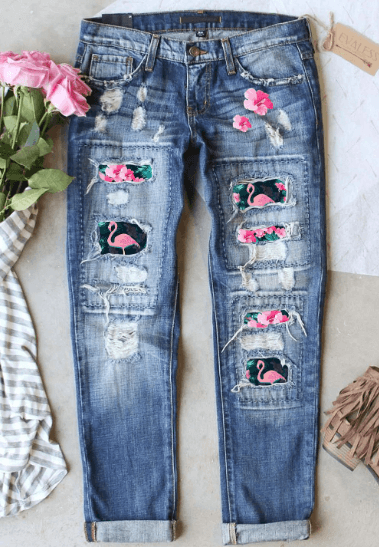 5 FLAMINGO PATCHWORK RIPPED DENIM JEANS